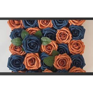25 count | Burnt Orange & Navy-Blue Roses Flowers Wedding Bouquet Centerpiece